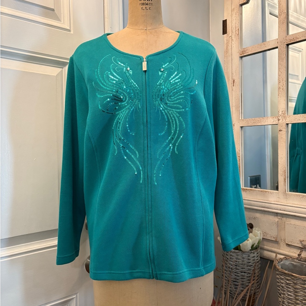Bob Mackie Teal Fabulously Embellished Wearable Art Zip-Up Women’s Top Size Larg